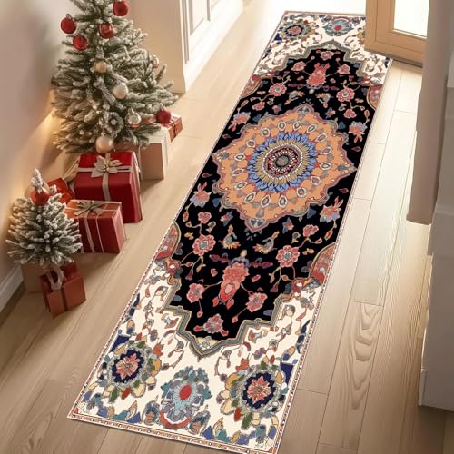 Teppich Flur 80x200 cm Aztekisches Muster Bauernhaus Blumen Teppiche Kurzflor Ethnischer Stil Floral Teppiche Läufer Rutschfest Waschbare Teppich Weich Küchenläufer für Schlafzimmer Wohnzimmer von YGcegcia