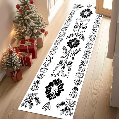 Teppich Flur 80x200 cm Bauernhaus Wildblumen Botanisch Teppiche Kurzflor Schwarz und Weiß Blumen Floral Teppiche Läufer Rutschfest Waschbare Teppich Weich Küchenläufer für Schlafzimmer Wohnzimmer Teppich Flur 80x200 cm Bauernhaus Wildblumen Botanisch Teppiche Kurzflor Schwarz und Weiß Blumen Floral Teppiche Läufer Rutschfest Waschbare Teppich Weich Küchenläufer für Schlafzimmer Wohnzimmer von YGcegcia
