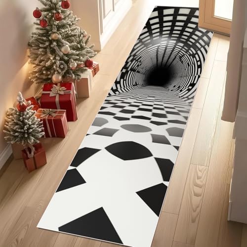 Teppich Flur 80x200 cm D Illusion Vortex Geometrie Schachbrett Teppiche Kurzflor Optische Täuschung Tunnel Teppiche Läufer Rutschfest Waschbare Teppich Weich Küchenläufer für Schlafzimmer Wohnzimmer von YGcegcia