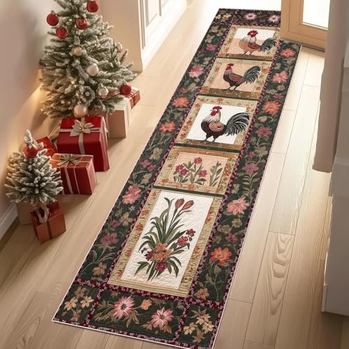 Teppich Flur 80x200 cm Landhausstil Hahn Bauernhaus Geblümt Teppiche Kurzflor Patchwork Hühnerliebhaber Teppiche Läufer Rutschfest Waschbare Teppich Weich Küchenläufer für Schlafzimmer Wohnzimmer von YGcegcia