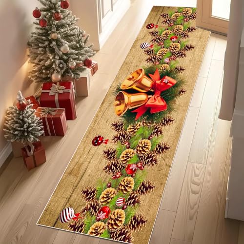 Teppich Flur 80x200 cm Weihnachten Tannenzapfen Rustikal Teppiche Kurzflor Feiertag Weihnachtsglocke Teppiche Läufer Rutschfest Waschbare Teppich Weich Küchenläufer für Schlafzimmer Wohnzimmer von YGcegcia