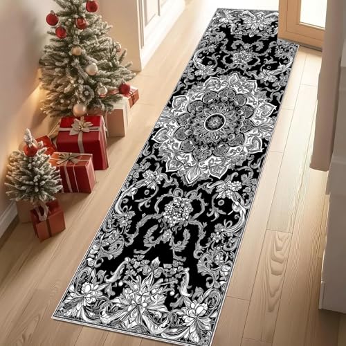 Teppich Läufer Bohemian Mandala Ethno Boho Design Teppiche Flur Schwarz und Weiß Blumen Floral Teppich Gegend 60x300 cm Waschbar Rutschfest Weich Kurzflor Carpet Wohnzimmer Schlafzimmer Kinderzimmer von YGcegcia