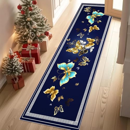 Teppich Läufer Gold Schmetterling Luxus Insekt Teppiche Flur Modern Geometrisch Kariert Teppich Gegend 60x300 cm Waschbar Rutschfest Weich Kurzflor Carpet Wohnzimmer Schlafzimmer Kinderzimmer von YGcegcia