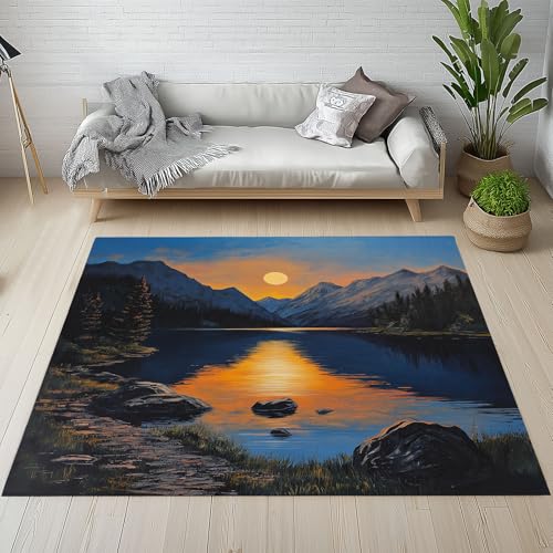 Waschbare Teppiche Natur Landschaft Wald Jungle Teppich Rutschfest See Vollmond Sternenhimmel Gebirge Teppiche Klein 80x150 cm Kurzflor Schlafzimmer Bettvorleger Schmutzfangmatte Kinderzimmer von YGcegcia