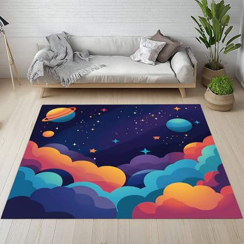 Waschbare Teppiche Universum Planet Bunt Wolke Teppich Rutschfest Sternenhimmel Karikatur Jungen Mädchen Teppiche Klein 80x150 cm Kurzflor Schlafzimmer Bettvorleger Schmutzfangmatte Kinderzimmer von YGcegcia