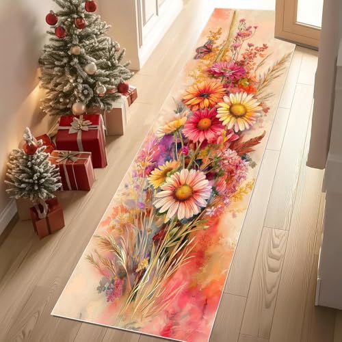 YGcegcia Blumen Gänseblümchen Schmetterling Garten Teppich Gegend 80x300 cm Aquarell Blumen Läufer Teppich rutschfest Waschbare Teppiche Kurzflor Bettvorleger Wohnzimmer Schlafzimmer von YGcegcia