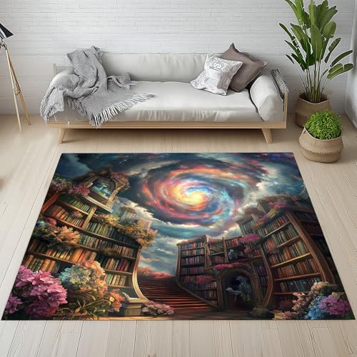 YGcegcia Bücherregal Bibliothek Blumen Teppich Kurzflor Geheimnis Nebel Vortex Teppiche rutschfest Waschbare 140x200 cm Teppich Weich Schmutzfangmatte für Schlafzimmer Wohnzimmer von YGcegcia