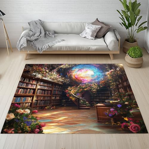 YGcegcia Bücherregal Bibliothek Blumen Teppich Kurzflor Geheimnis Nebel Vortex Teppiche rutschfest Waschbare 140x200 cm Teppich Weich Schmutzfangmatte für Schlafzimmer Wohnzimmer von YGcegcia