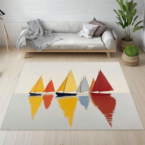 YGcegcia Bunte Segelboot Nautisches Fußmatte Outdoor Ölgemälde Kunst Modern Geometrisch Waschbare Teppich Bettvorleger Teppiche Klein Kurzflor Eingangsmatte Innen rutschfest Weich 80x120 cm von YGcegcia