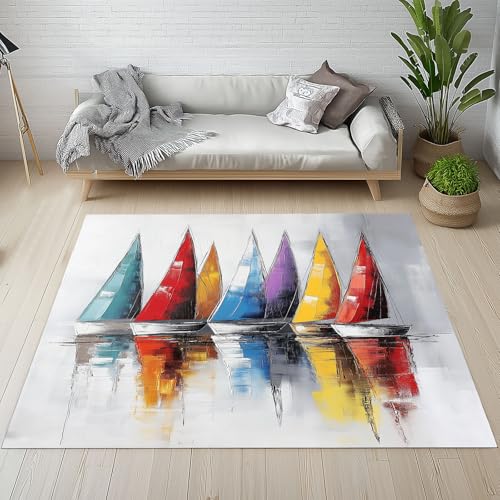 YGcegcia Bunte Segelboot Nautisches Fußmatte Outdoor Ölgemälde Kunst Modern Geometrisch Waschbare Teppich Bettvorleger Teppiche Klein Kurzflor Eingangsmatte Innen rutschfest Weich 80x120 cm von YGcegcia