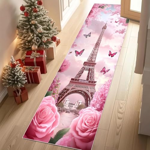 YGcegcia Eiffelturm Wahrzeichen Paris Läufer Teppich 60x120 cm Romantisch Rosa Blumen Schmetterling Waschbare Teppiche Bettvorleger Teppich Klein Kurzflor rutschfest Weich Eingangsmatte Innen von YGcegcia