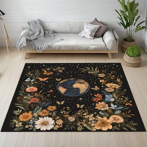 YGcegcia Frühling Wildblumen Gänseblümchen Fußmatte Innen Outdoor Sternenhimmel Erde Blumenmuster Teppich Klein rutschfest Waschbar 60x90 cm Teppiche Schmutzfangmatte Eingangsmatte Weich Kurzflor von YGcegcia