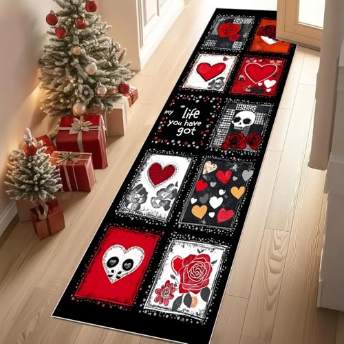 YGcegcia Gothic Schädel Romantisch Herzform Läufer Teppich 60x120 cm Mystisch Blumen Waschbare Teppiche Bettvorleger Teppich Klein Kurzflor rutschfest Weich Eingangsmatte Innen von YGcegcia