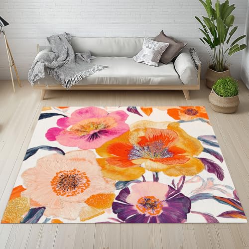 YGcegcia Hibiskusblüte Blumenmuster Teppich Kinderzimmer Tropische Floral Pflanze Teppiche rutschfest Schlafzimmer 120 x 160 cm Teppich Kurzflor Bettvorleger Schmutzfangmatte Wohnzimmer von YGcegcia