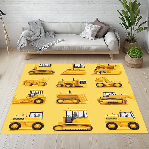 YGcegcia Karikatur Traktor Bagger Bulldozer Teppich Groß Baufahrzeuge Jungen Mädchen Teppiche rutschfest Waschbare Teppiche Kurzflor Bettvorleger 160x230 cm Wohnzimmer Schlafzimmer von YGcegcia