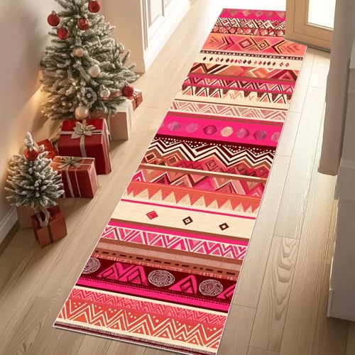 YGcegcia Läufer Teppich Bohemian Streifenmuster Ethno Design Teppich Flur Geometrisch Abstrakt Karo Küchenläufer 60x240 cm rutschfest Waschbare Teppiche Kurzflor Wohnzimmer Schlafzimmer Kinderzimmer von YGcegcia