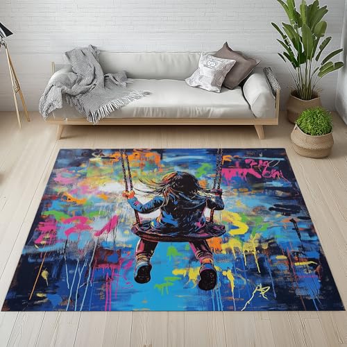 YGcegcia Mädchen Hippie Graffiti Teppich Weich Schlafzimmer, Grunge Streetart Teppiche rutschfest Kurzflor 80 X 150 cm,Teppich Waschbar Wohnzimmer, Kinderzimmer, Esszimmer von YGcegcia