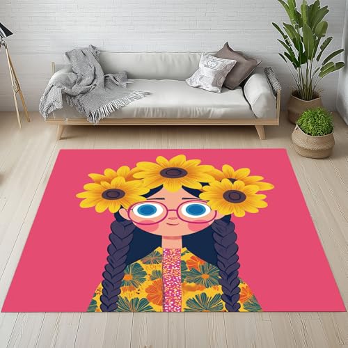 YGcegcia Niedlich Mädchen Karikatur Sonnenblumen Fußmatte Outdoor Pflanze Floral Blütenblatt Waschbare Teppich Bettvorleger Teppiche Klein Kurzflor Eingangsmatte Innen rutschfest Weich 80x120 cm von YGcegcia