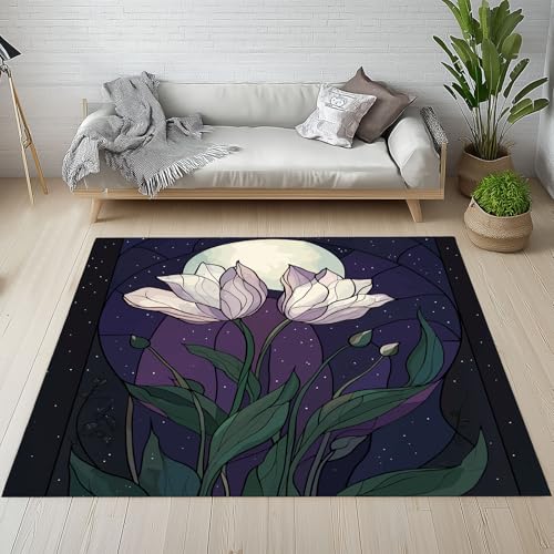 YGcegcia Outdoor Teppich Blumen Pflanze Blatter Teppich rutschfest Geometrisch Mosaik-Muster Abstrakt Waschbare Teppiche 120x170 cm Kurzflor Schmutzfangmatte Schlafzimmer, Kinderzimmer von YGcegcia