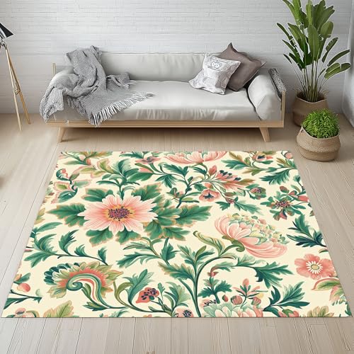 YGcegcia Paisley Wildblumen Blütenblatt Fußmatte Innen Outdoor Bauernhaus Blumen Grüne Blatter Teppich Klein rutschfest Waschbar 60x90 cm Teppiche Schmutzfangmatte Eingangsmatte Weich Kurzflor von YGcegcia