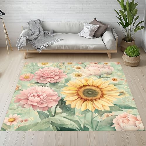 YGcegcia Sonnenblumen Chrysantheme Bauernhaus Fußmatte Outdoor Wildblumen Aquarell Floral Waschbare Teppich Bettvorleger Teppiche Klein Kurzflor Eingangsmatte Innen rutschfest Weich 80x120 cm von YGcegcia
