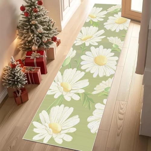 YGcegcia Teppich Flur 80x200 cm Blumen Gänseblümchen Garten Pflanze Teppiche Kurzflor Botanisch Blüte Teppiche Läufer rutschfest Waschbare Teppich Weich Küchenläufer für Schlafzimmer Wohnzimmer von YGcegcia