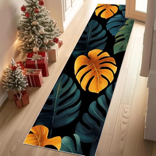 YGcegcia Teppich Flur 80x200 cm Tropische Blätter Exotic Palmen Teppiche Kurzflor Neuzeit Design Teppiche Läufer rutschfest Waschbare Teppich Weich Küchenläufer für Schlafzimmer Wohnzimmer von YGcegcia