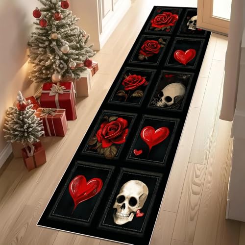 YGcegcia Teppich Läufer 60x180 cm Gothic Schädel Horror Rose Teppiche rutschfest Romantisch Liebe Waschbare Teppiche Bettvorleger Teppich Kurzflor für Schlafzimmer Wohnzimmer Kinderzimmer von YGcegcia