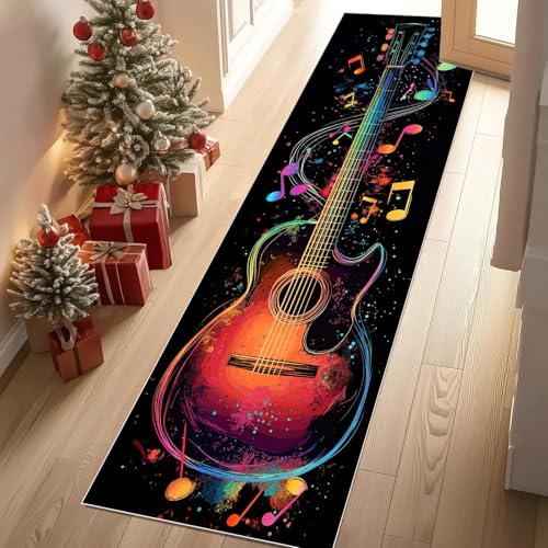 YGcegcia Teppich Läufer 60x180 cm Pop Art Gitarre Abstrakt Regenbogen Teppiche rutschfest Neon Musiknote Waschbare Teppiche Bettvorleger Teppich Kurzflor für Schlafzimmer Wohnzimmer Kinderzimmer von YGcegcia