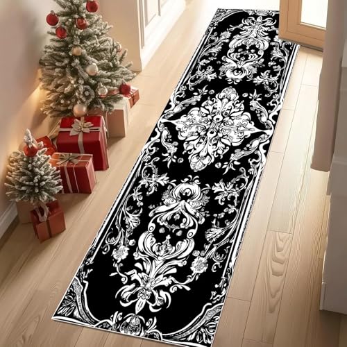 YGcegcia Teppich Läufer Barock Blumen Schwarzweiß Ornamente Teppiche Flur Ornament Barock Teppich Gegend 60x300 cm Waschbar rutschfest Weich Kurzflor Carpet Wohnzimmer Schlafzimmer Kinderzimmer von YGcegcia