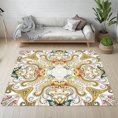 YGcegcia Teppiche rutschfest Bohemian Paisley Blumenmuster Teppich Kurzflor Boho Ethno Vintage Floral Blatter Waschbare Teppiche Bettvorleger 100x150 cm für Schlafzimmer Wohnzimmer, Kinderzimmer von YGcegcia