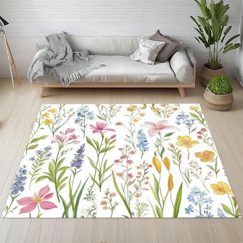 YGcegcia Teppiche rutschfest Bunte Blumenmuster Wildblumen Teppich Kurzflor Frühling Floral Natur Pflanze Waschbare Teppiche Bettvorleger 100x150 cm für Schlafzimmer Wohnzimmer, Kinderzimmer YGcegcia Teppiche rutschfest Bunte Blumenmuster Wildblumen Teppich Kurzflor Frühling Floral Natur Pflanze Waschbare Teppiche Bettvorleger 100x150 cm für Schlafzimmer Wohnzimmer, Kinderzimmer von YGcegcia