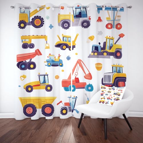 YGcegcia Traktor Kran Bagger Bulldozer LKW Vorhänge mit Ösen Karikatur Baufahrzeuge Blickdicht Gardinen Thermovorhang 2er Set Verdunklungsvorhänge Kinderzimmer Schlafzimmer Wohnzimmer 160x70 cm von YGcegcia