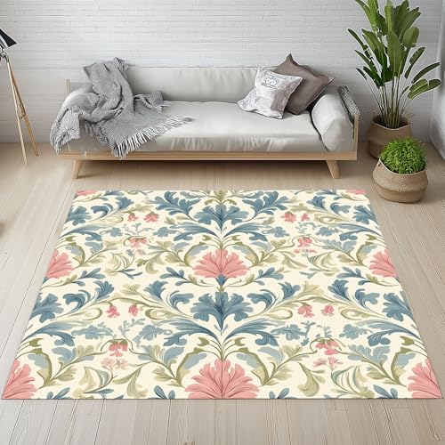 YGcegcia Waschbare Teppiche Wildblumen Blütenblatt Victoria Teppich rutschfest Vintage Blumen Blatter Teppiche Klein 80x150 cm Kurzflor Schlafzimmer Bettvorleger Schmutzfangmatte Kinderzimmer von YGcegcia