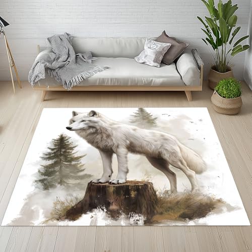 YGcegcia Wolf Wildtier Baumstumpf Fußmatte Outdoor Jungle Tiermuster Bauernhaus Waschbare Teppich Bettvorleger Teppiche Klein Kurzflor Eingangsmatte Innen rutschfest Weich 80x120 cm von YGcegcia
