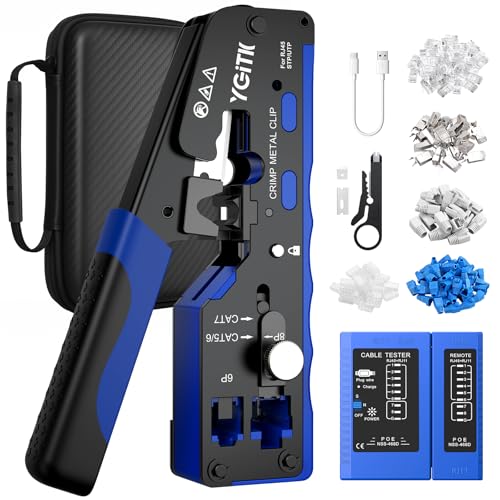 YGiTK RJ45 Crimpzange Set mit Kabeltester 3 IN 1 Netzwerk Werkzeug für CAT5/CAT6/CAT7 Netzwerkstecker mit 20pcs RJ45 Stecker Cat7 & 30pcs Stecker Cat6, Pass Through Presszange mit Abisolierzange von YGiTK