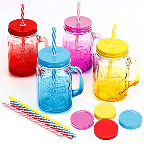 YHANEC 4er Set Trinkgläser mit Deckel und Strohhalmen, Mason Jar mit Griffen,für Marmelade Smoothies Cocktails, 450 ml 4 Farbe 8 Trinkhalme 4 Strohhalm-Deckel/Dichtungsdeckel von YHANEC