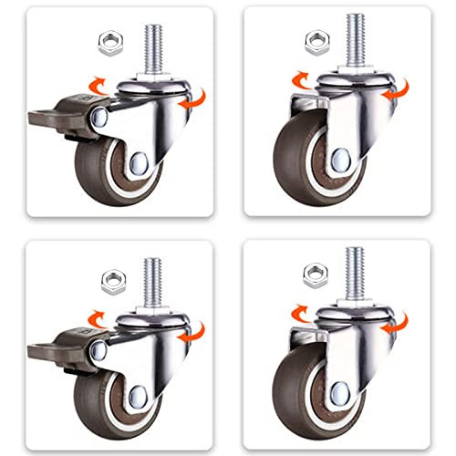 YHBZ PU Gummi Lenkrolle,M6/M8/M10 Gewinde Stem Rollen Räder,(4 Stücke-mit Schraubkappe) für Möbel Trolley Tiny Warenkorb,Tragfähigkeit 200 Kg,M6-2nobrakes+2brakes von YHBZ