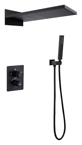 YHDMBBSHNB Duschsystem mit Thermostat, Verdecktes Duschmischbatterie-Set mit Messing-Handbrause und Wasserfall-Regenduschkopf(Matt Black) von YHDMBBSHNB