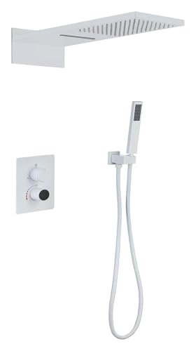YHDMBBSHNB Duschsystem mit Thermostat, Verdecktes Duschmischbatterie-Set mit Messing-Handbrause und Wasserfall-Regenduschkopf(Matt White) von YHDMBBSHNB