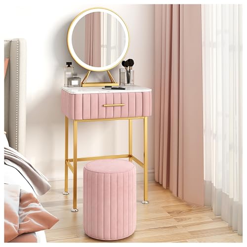 YHEIANJ Kleiner Schminktisch aus Massivholz mit rundem Spiegel und hellem Frisiertisch, gepolsterter Hocker im Lieferumfang enthalten, perfekt für kleine Räume, Grün, 5，Pink 80x40x75cm von YHEIANJ