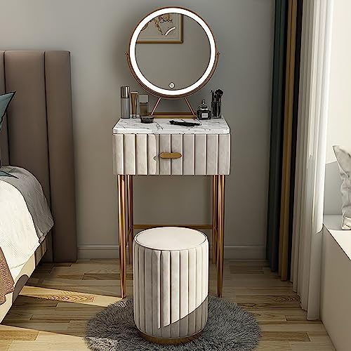 YHEIANJ Moderner Grauer Frisiertisch mit Spiegel und Schubladen, Kleiner Schminktisch mit Lichtern und Hocker, 40 cm Größe,White 40cm YHEIANJ Moderner Grauer Frisiertisch mit Spiegel und Schubladen, Kleiner Schminktisch mit Lichtern und Hocker, 40 cm Größe,White 40cm von YHEIANJ