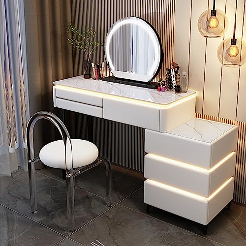 YHEIANJ Weißer Schminktisch mit beleuchteten Spiegelschubladen und Hocker. Eleganter Schminktisch mit 3 Lichteinstellungen und Seitenschrank，Whiteb 100cm/39.3in von YHEIANJ