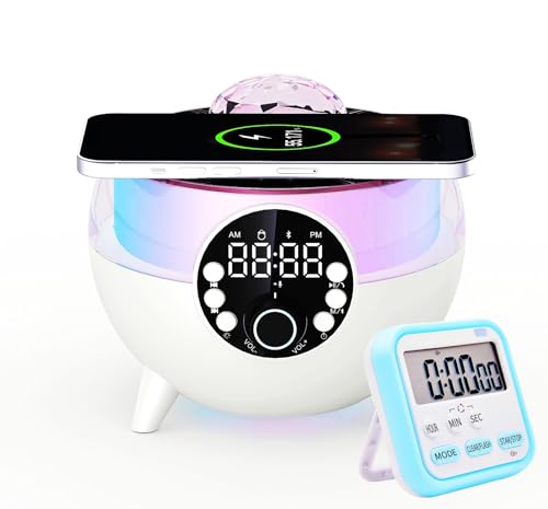 YHFITN Wecker Bluetooth-Lautsprecher Sternenhimmel-Projektion Atmosphärenlicht Kabelloses Laden Nachtlicht FM-Radio TF-Karte/U-Disk/AUX Musik-Player Geschenk für Familie/Freunde/Kinder (Weiß) von YHFITN