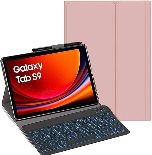 YHFZR Tastatur Hülle für Galaxy Tab S9 2023, [QWERTY Layout] Ultraslim Hülle mit 7 Farben Beleuchtung Kabellose Tastatur mit Schützhülle für Samsung Galaxy Tab S9 11 Zoll 2023 X710/X716, Rosa von YHFZR
