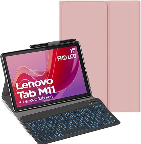 YHFZR Tastatur Hülle für Lenovo Tab M11, [Deutsches QWERTZ] Ultraslim Hülle mit 7 Farben Beleuchtung Kabellose Tastatur mit Schützhülle für Lenovo Tab M11 TB330FC 11 Zoll, Rosa von YHFZR