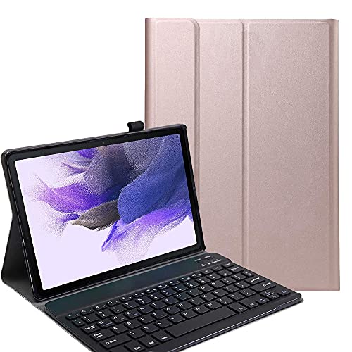 YHFZR Tastatur Hülle für Samsung Galaxy Tab S7 FE, [AZERTY] Ultradünn Flip Entfernbar Drahtloser Keyboardständer Ledertasche für Samsung Galaxy Tab S7 FE T730/T736B 12.4", Roségold von YHFZR