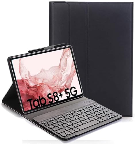 YHFZR Tastatur Hülle für Samsung Galaxy Tab S8+, [AZERTY] Ultradünn Flip Entfernbar Drahtloser Keyboardständer Ledertasche für Samsung Galaxy Tab S8+ X800/X806 12.4" 2022, Schwarz von YHFZR