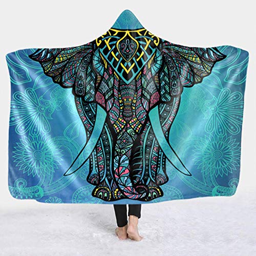 YHHAW 3D Mandala Blue Bohemian Elephant Pattern Kapuzendecke, weiche und warme tragbare Decke, Sofawurfdecke, Bettwäsche-Kapuzendecke-150x200CM von YHHAW