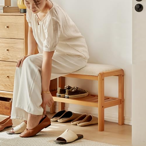 YHKJLYH Eingangsbank, Schuhregalbank, Bambus-Aufbewahrungsschuh-Organizer, kleine Bank mit Kissen, Sitzbank Meer für Schlafzimmer, Schrank, Wohnzimmer, Flur (Holzfarbe, 80 cm) von YHKJLYH